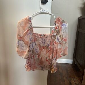 Never worn Express Pink and Orange Ruffled Puff Sleeve Blouse